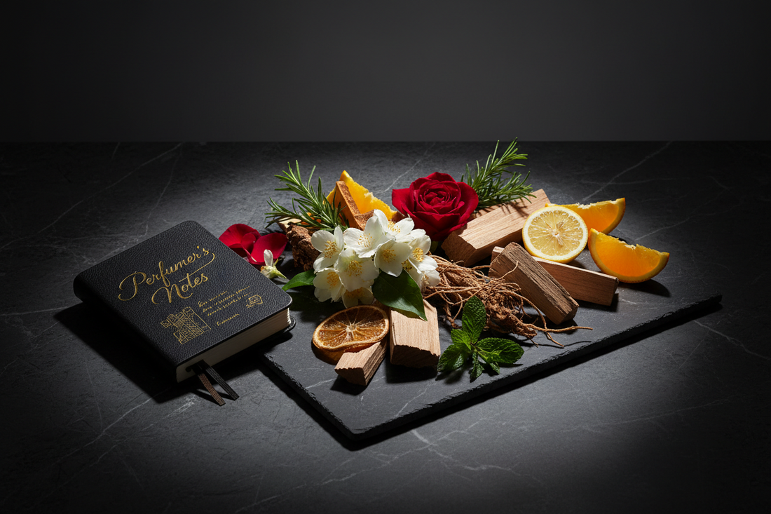 Fresh perfume ingredients and a notebook labelled Perfumers Notes — handcrafted Eau de Parfum made in the UK by Perfumers Note