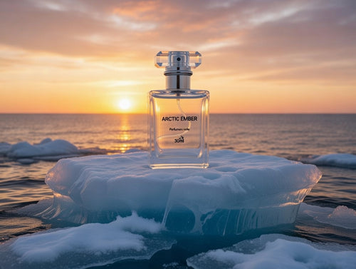Arctic Ember Eau de Parfum bottle with arctic ocean sunset lifestyle shot by Perfumers Note