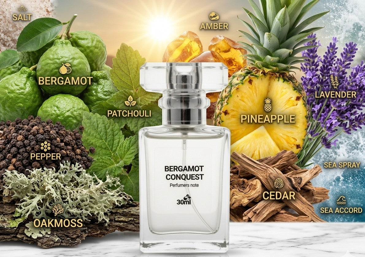 Bergamot Conquest Eau de Parfum with bergamot, patchouli, pepper, oakmoss, amber, pineapple, lavender, cedar, sea spray and sea accord notes by Perfumers Note