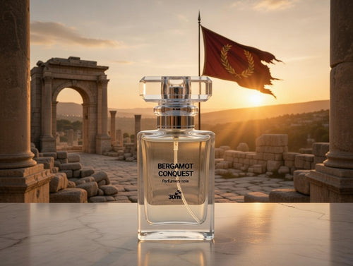Bergamot Conquest Eau de Parfum bottle with ancient ruins lifestyle shot by Perfumers Note