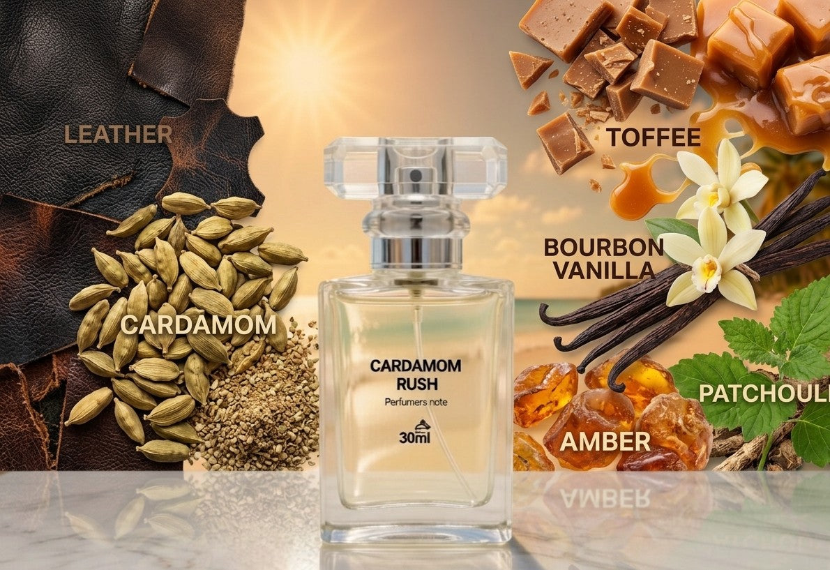 Perfume bottle labeled 'Cardamom Rush' with flavor elements like cardamom, toffee, bourbon vanilla, amber, and patchouli.