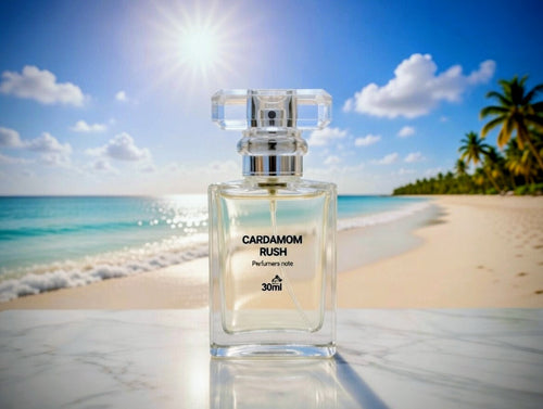Cardamom Rush Eau de Parfum bottle on beach lifestyle shot by Perfumers Note