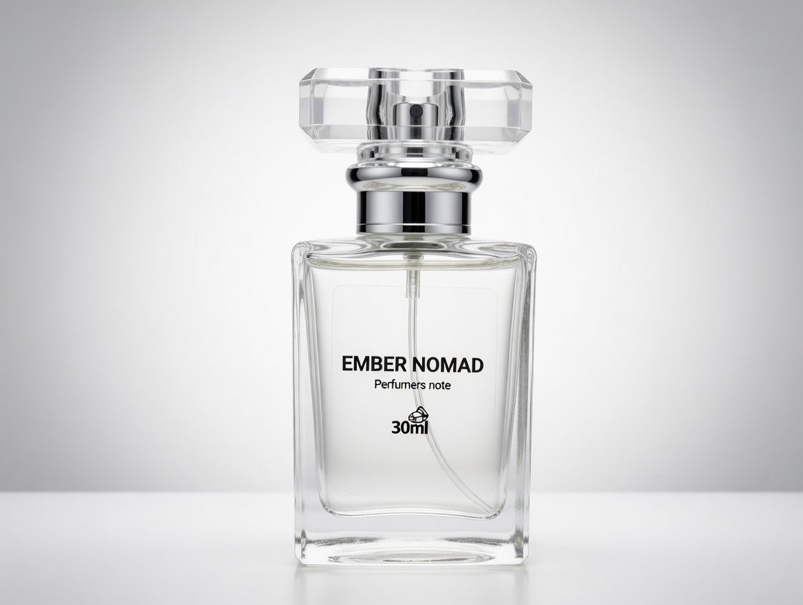 Clear perfume bottle labeled 'Ember Nomad' on a light gray background