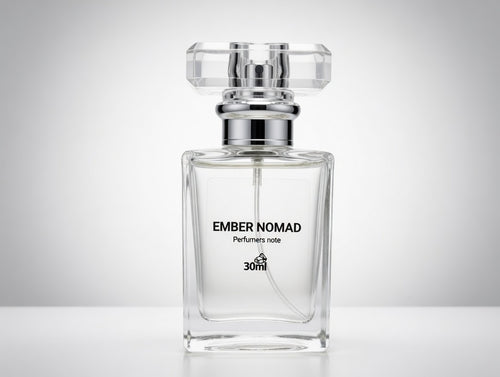 Clear perfume bottle labeled 'Ember Nomad' on a light gray background