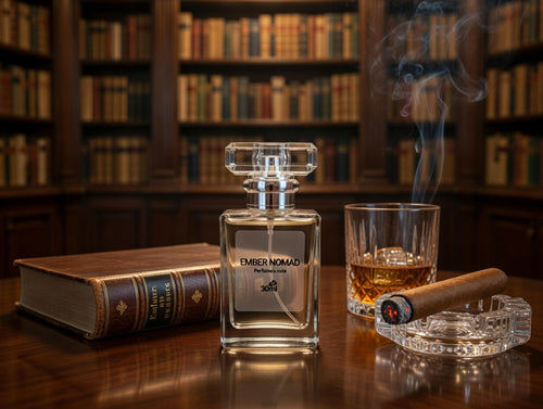 Ember Nomad Eau de Parfum bottle in moody library setting by Perfumers Note