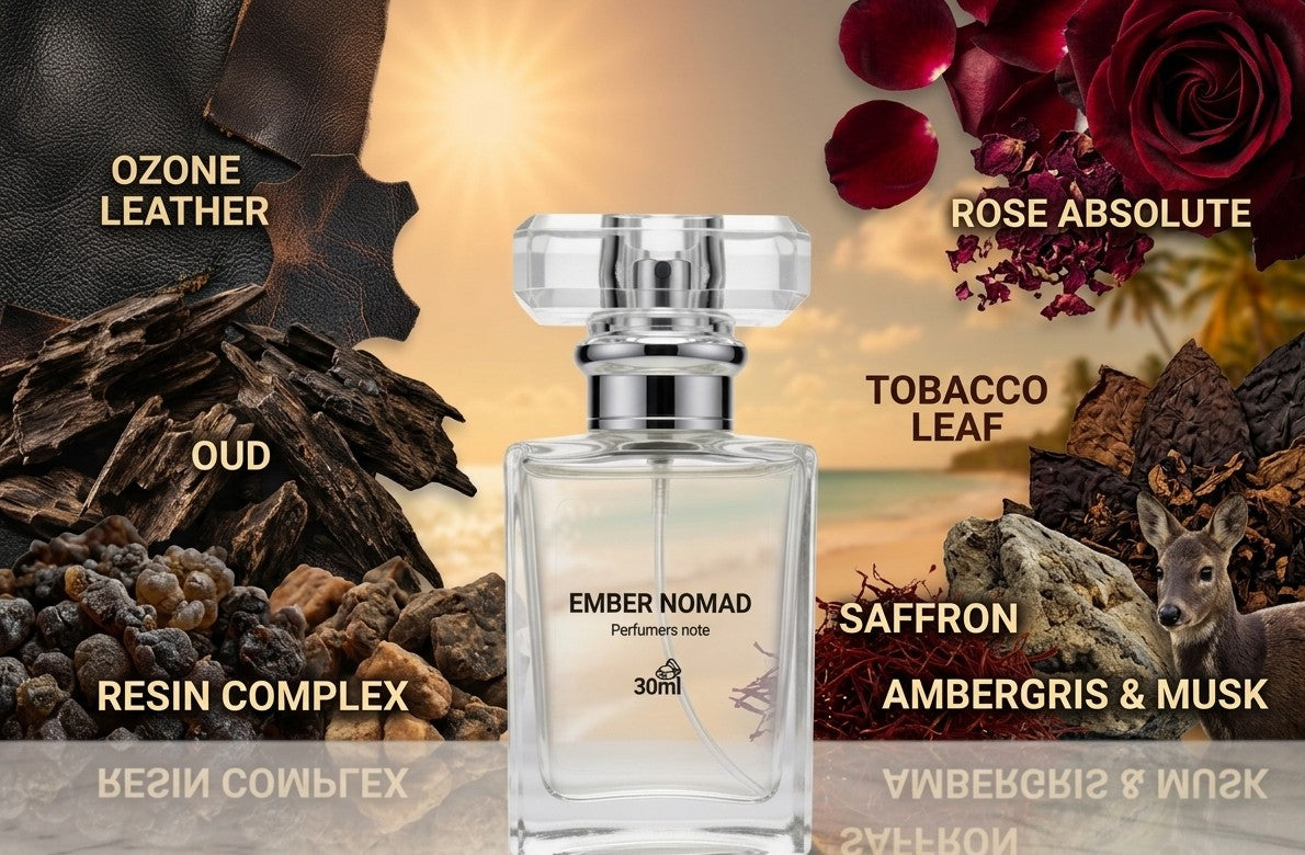 Ember Nomad Eau de Parfum with oud, tobacco leaf, saffron, rose absolute, ozone leather, resin complex and ambergris notes by Perfumers Note
