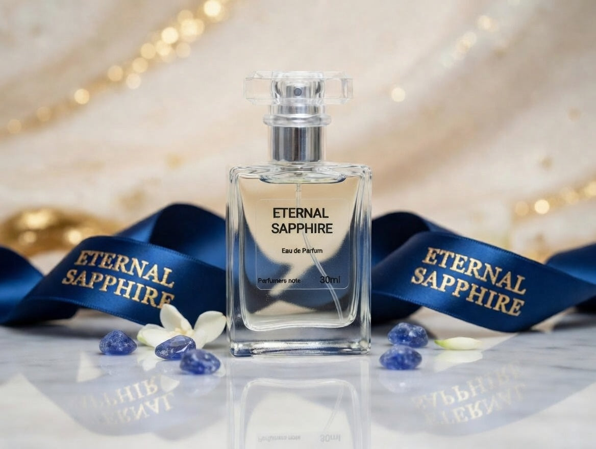 Eternal Sapphire perfume bottle with blue ribbon and stones on a reflective surface