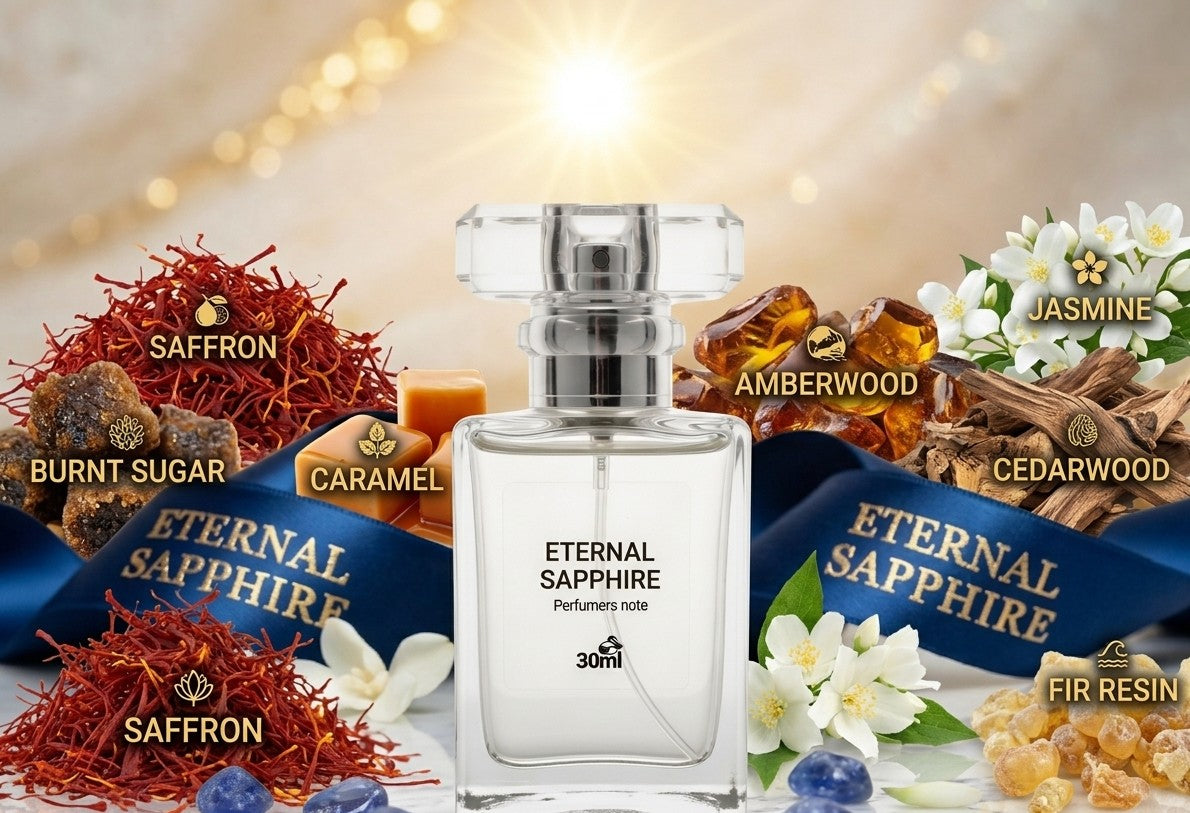 Eternal Sapphire Eau de Parfum with saffron, burnt sugar, caramel, amberwood, jasmine, cedarwood and fir resin notes by Perfumers Note
