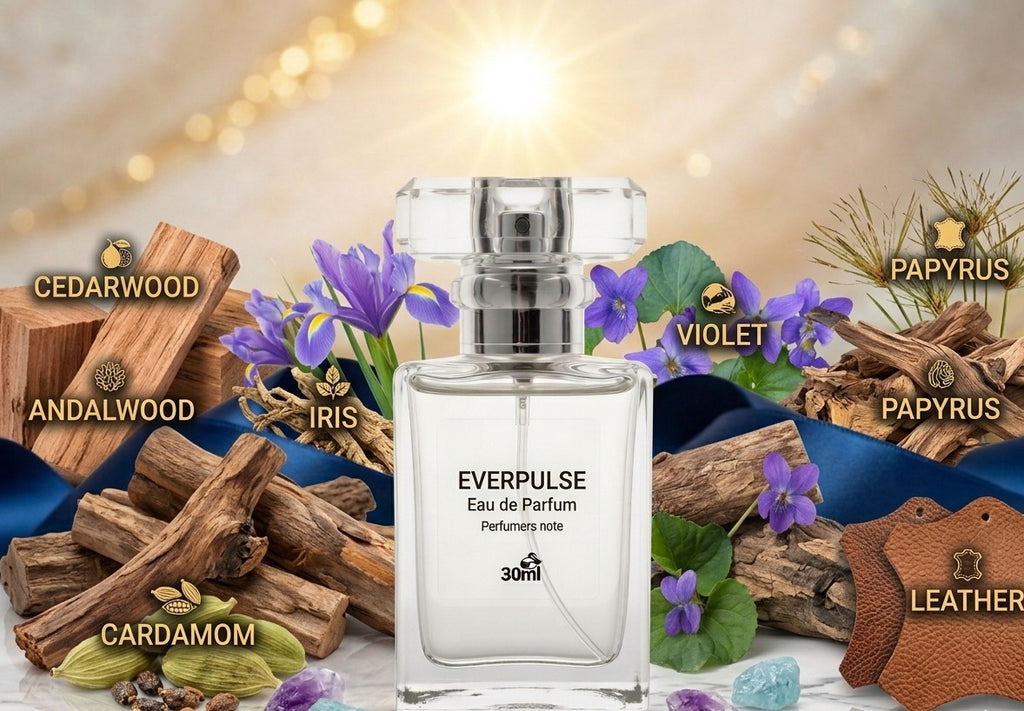 Everpulse Eau de Parfum fragrance notes cedarwood iris violet cardamom andalwood papyrus and leather by Perfumers Note
