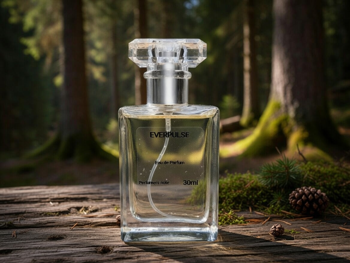Everpulse Eau de Parfum bottle in a woodland forest setting by Perfumers Note