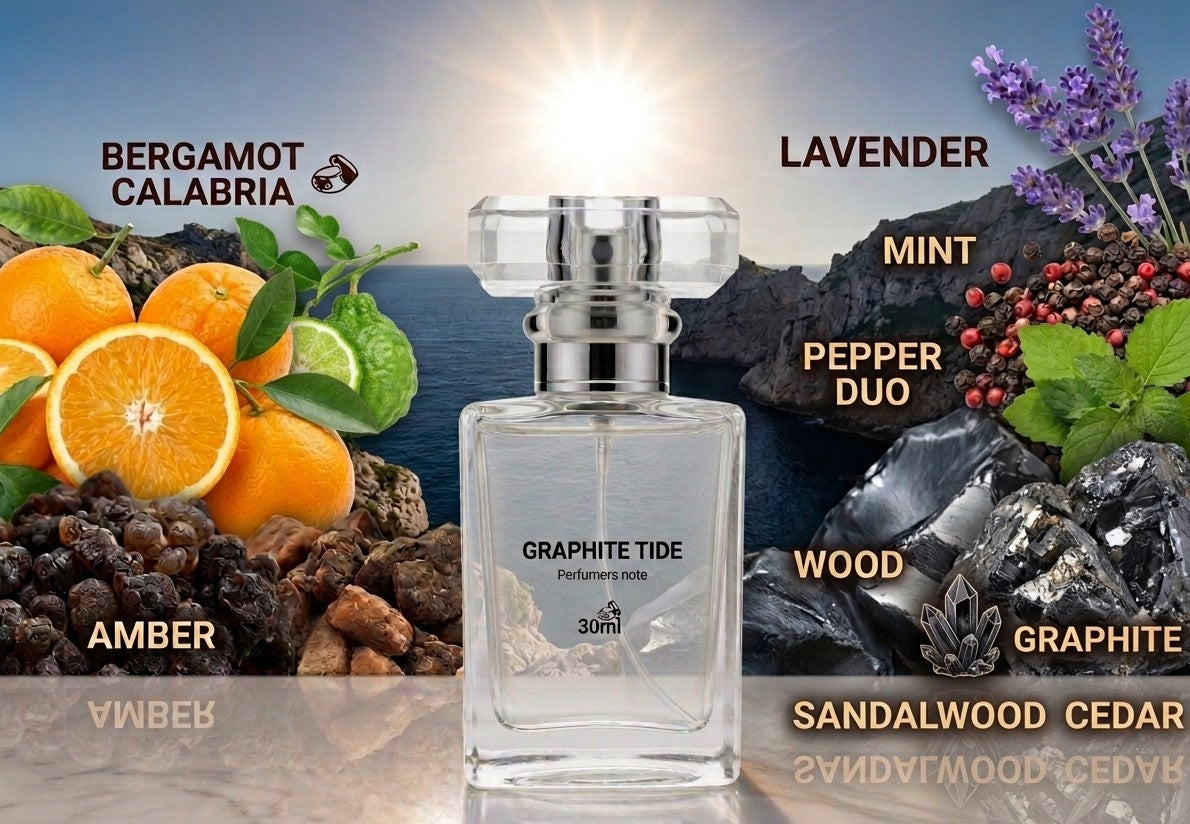 Graphite Tide Eau de Parfum with bergamot calabria, lavender, mint, pepper duo, amber, wood, graphite, sandalwood and cedar notes by Perfumers Note