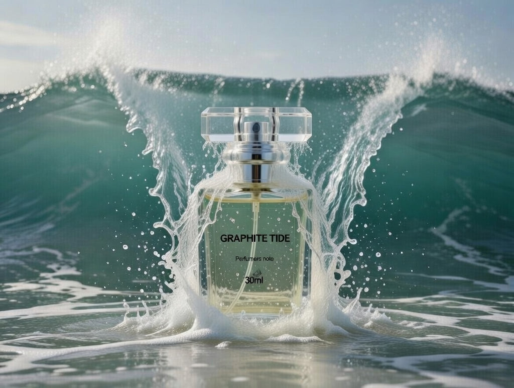 Graphite Tide Eau de Parfum bottle with water splash lifestyle shot by Perfumers Note