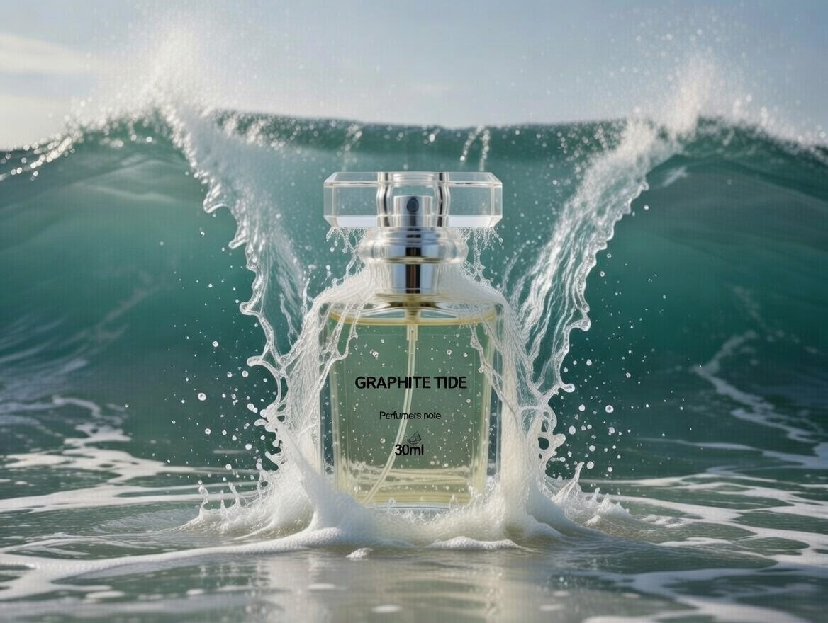 Graphite Tide Eau de Parfum bottle with water splash lifestyle shot by Perfumers Note